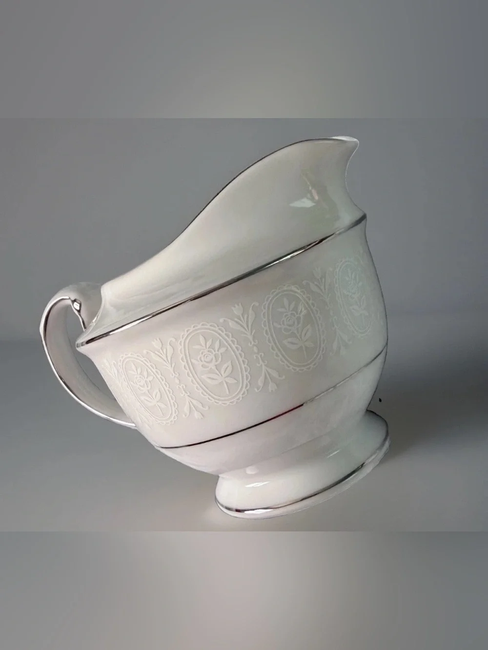 Vintage Creamer Sone China Japan Moderne 2467 Platinum Trim White Floral Scroll